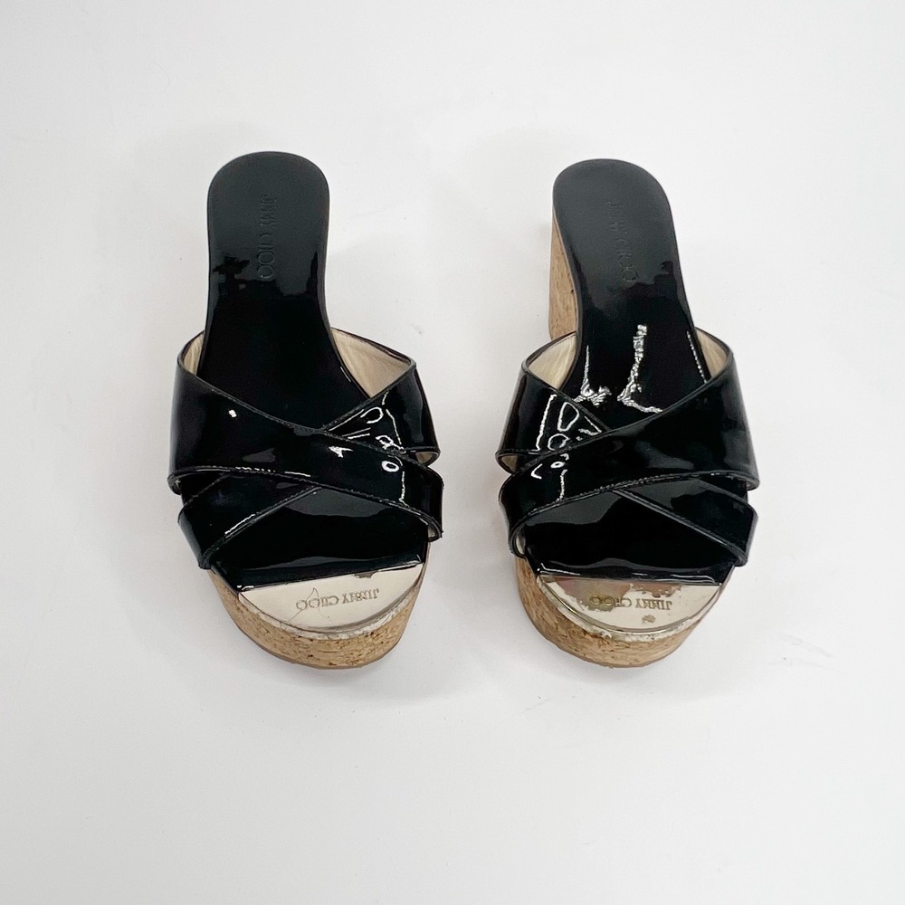 JIMMY CHOO Black Pandora Patent Leather Cork Wedge Platform Sandals 7 (37)